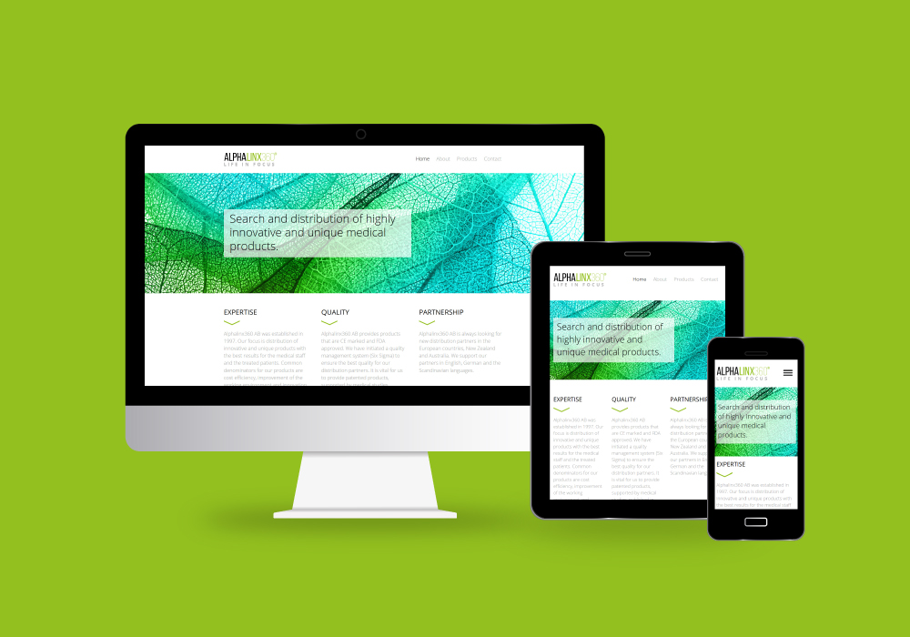 <h3>Kunde: Alphalinx360 AB</h3><p>Projektumfang: u.a. Logo, Corporate Design, Webdesign, Webentwicklung, Produktflyer<br><i>Zur Kundenwebsite: <a href="https://www.alphalinx360.com/" target=_blank>www.alphalinx360.com</a></i></p>